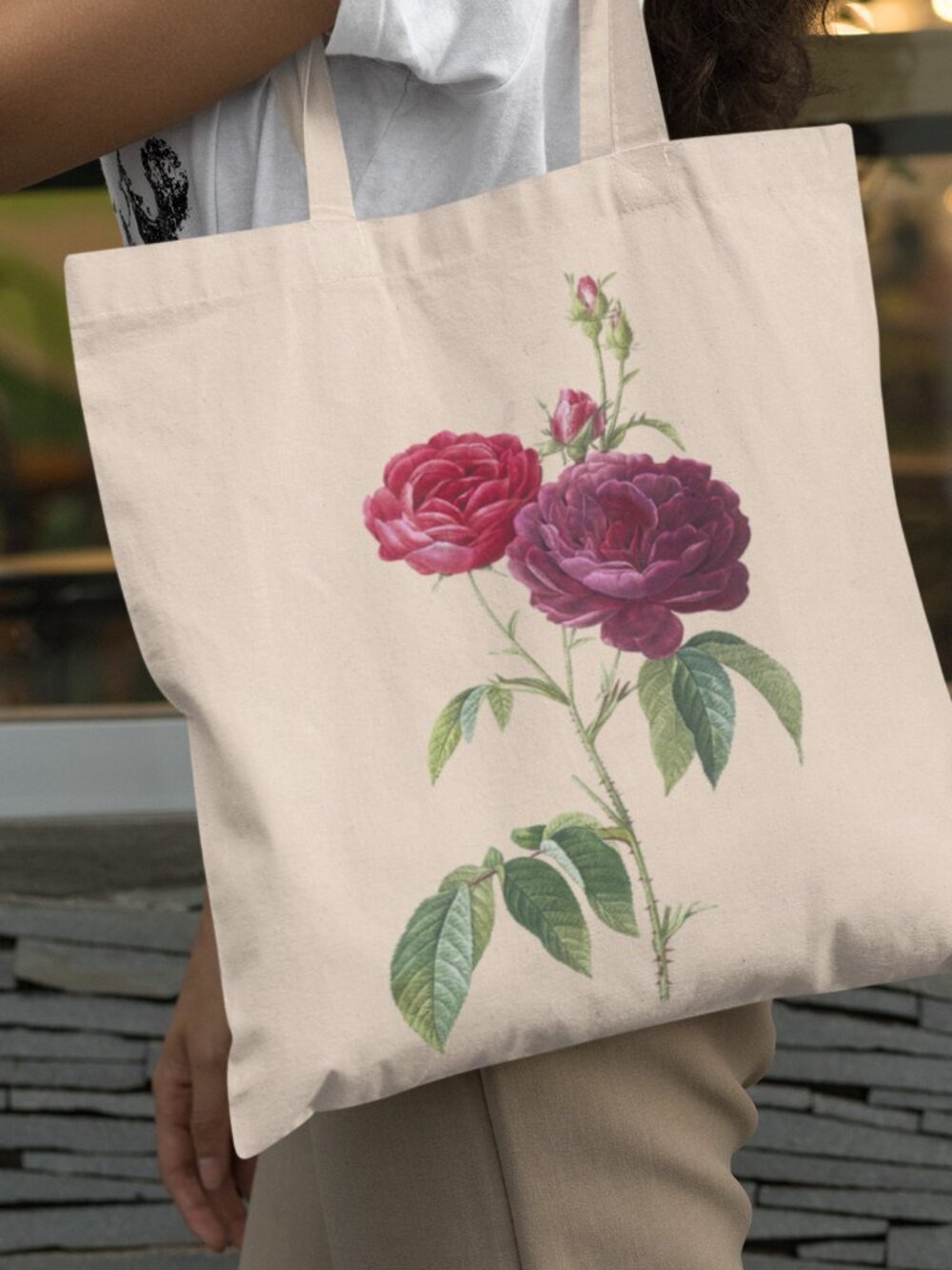 French Rose Vintage Floral Print Graphic Canvas Tote Bag